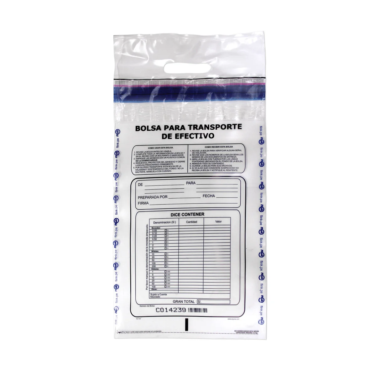 Empaque para transporte de efectivo